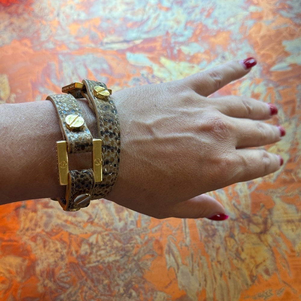 Tory Burch Gold and Brown Snakeskin Double Wrap Bracelet
